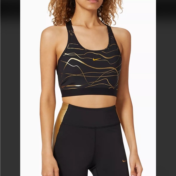 Nike Womens Swoosh Icon Clash Sports Bra T-Strap Black/Gold - Picture 2 of 5